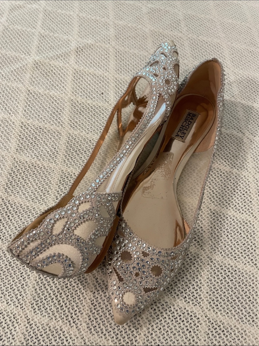 Badgley Mischka Champagne Mesh Crystal-Embellished Pointed Flats